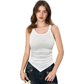 OYOANGLE Women's Ruched Hanky Hem Rib Knit Tank Top Asymmetrical Scoop Neck Sleeveless Cami Tops