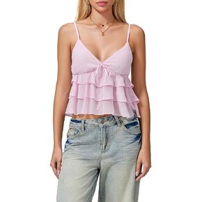 Women's Y2K Ruffle Low Cut Camisole Spaghetti Strap Bow Trim Backless Crop Tops Going Out Streetwear