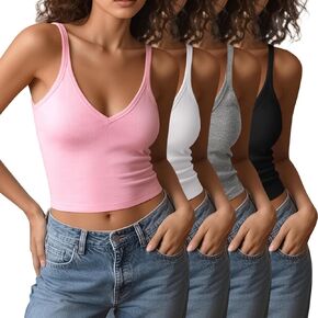 4 Pieces V Neck Tank Tops for Women Spaghetti Strap Crop Top Cotton Basic Fitted Summer Cami Shirts