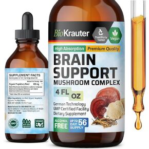 BIO KRAUTER Brain Support Mushroom Supplement - Lions Mane, Cordyceps and Reishi Liquid Extract - Mushroom Tincture - Vegan, Alcohol & Sugar Free Drops 4 Fl.Oz.