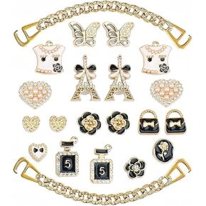 21, 26 pieces of women's shoe charms, flower butterfly clogs, shoe decorations, gold shoe charm accessories, rhinestones, pearl chain DIY sandal decorations, party gifts, birthdays, Christmas