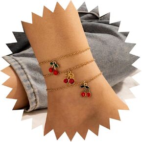 Boho Gold Ankle Bracelets Rhinestone Cherry Charms Anklets Layered Diamond CZ Fruit Cherry Ankle Chain Cute Anklets Set Summer Beach Foot Jewelry for Women