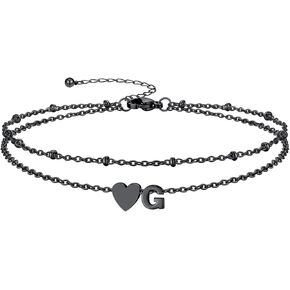 Silvora Anklet الأولية للنساء - من الفولاذ المقاوم للصدأ مقاوم للماء 14 كيلو متر طلاء مبدئي مع امتداد 8.5 " + 2" قابلة للتعديل ، خطاب لذيذ القلب أساور الكاحل الصيفية المجوهرات