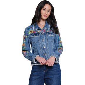 John Mark Women's Embroidered Denim Jacket with Fraying Details