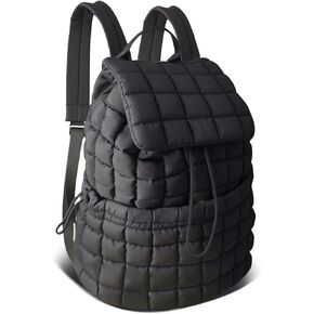 Black Puffer Backpack for Women, Lightweight Drawstring Closure Quilted Laptop Daypack Stylish Anti-Theft Travel Bag