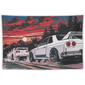 QEOPGNE Japanese R32 Sport Car Tapestry Anime Retrowave Car Wall Art Jdm Racing Car Wall Decor Car Room Decor for Man Cave Garage Office Dormitory Bedroom Wall Hanging Tapestries 40"x60"
