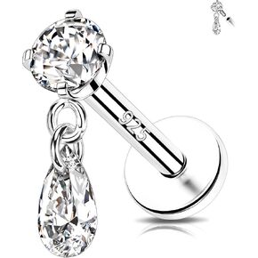 Melighting 16G Sterling Silver 925 Tragus Piercing Jewelry Internally Threaded Teardrop Flat Back Earring Clear CZ Lip Labret Cartilage Helix Stud for Women 6/8 mm