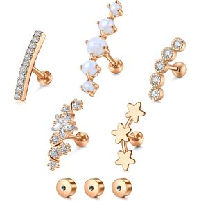FECTAS 8PCS 16G Cartilage Earrings for Women, Helix Piercing Jewelry, Stainless Steel Conch Daith Tragus Silver Rose Gold Stud Earrings with Replacement Flat Backs
