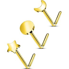 OUFER Nose Piercings, G23 Soild Titanium 20G Nose Ring, 3PCS L-Shaped Nose Studs For Women Men, Star Moon Nostril Piercing Jewelry