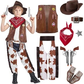 IKALI Kids Boys Cowboy Costume, West Boy Sheriff Outfit with Hat Accessories Halloween 3-10Y