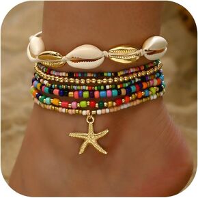 Todenb Seashell Anklets for Women Colorful Starfish Mermaid Ankle Bracelet Fashion Shell Beaded Anklet Set Boho Beachy Seashell Ankle Bracelet for Women Waterproof Hawaii Summer Mermaid Jewelry