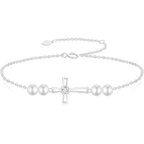 SISGEM 10k Gold Cross Anklets for Women, Created Moissanite and Pearl Religious Anklet for Her, 9.4-11 Inches