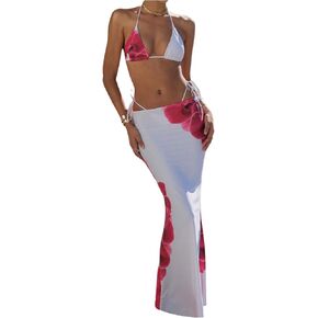Women's 3 Piece Floral Swimsuit Halter Triangle String Bikini with Bodycon Beach Skirts Cover Up