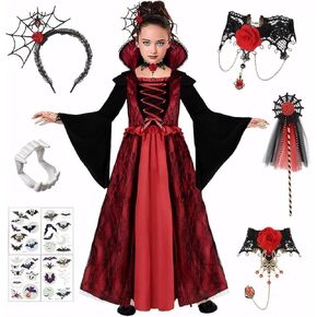 Skefoli Girls Halloween Conture Royal Vampire Dress Kids Gothic Dress up up ligure deluxe مجموعة كبيرة