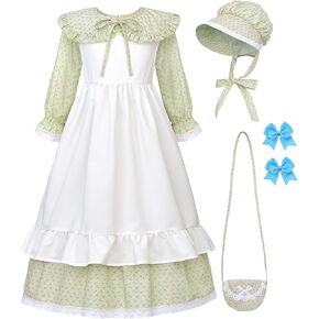 ReliBeauty Pioneer Girl Costume with Accessories Prairie Dress Girls Green