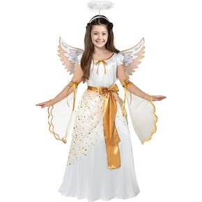 Spooktacular Creations Halloween Angel Costume for Girls, Golden White Angel Dress for Kids for Halloween RolePlay Themed Party (Large, 10-12 yrs)