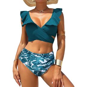 ZAFUL Women High Waisted Bikini Sets Two Piece Ruffle Tummy Control Swimsuit Cross Cutout Ruched Bathing Suit