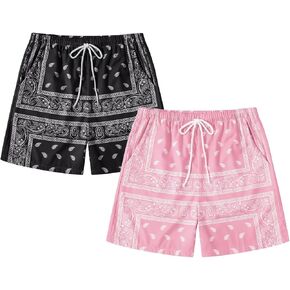 Men's 2 Pack Paisley Print Graphic Shorts Drawstring Waist Boho Tribal Summer Bandana Shorts with Pockets