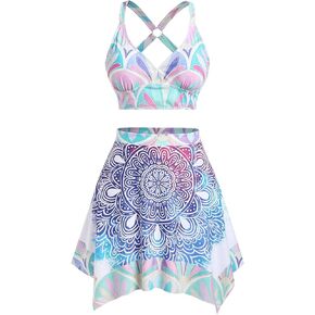 Rosegal Figure Printed O-Ring Crisscross Padded Three Piece Skirt Tankini Swimsuit