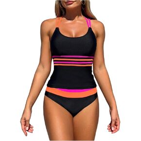نساء 2 قطعة بلوك كتلة Tankini Swimsuits البطن التحكم كروس الصليب السباغيتي حزام السباحة