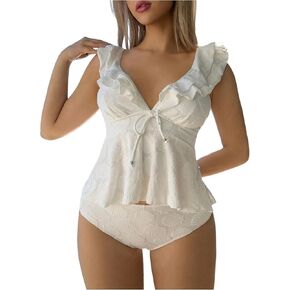 Women's 2 Piece Tummy Control Tankini Swimsuits Ruffle V Neck Tie Front Bathing Suit Swimwear