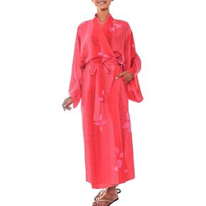 NOVICA Handmade Kissed by Crimson - 51" Long Indonesian Batik Robe for women, Soft Kimono Bathrobe, Rayon Batik Robe in Pink with Belt, Bathrobe for women, Shower Robe, Sleepwear and Loungewear