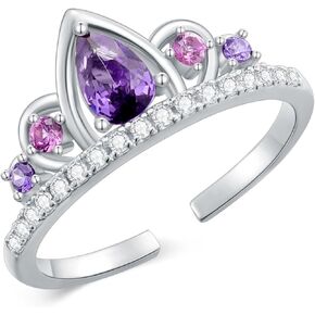 925 Sterling Silver Princess Crown Tiara Ring Sparkling Ring Pear Engagement Ring Pink & Purple Birthstones Anniversary Rings for Women