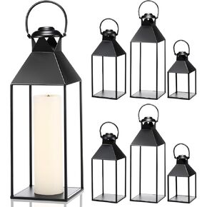 Set of 6 Decorative Candle Lanterns Tall Vintage Outdoor Candle Lanterns Distressed White Metal Candle Holders with Tempered Glass for Indoor Events Wedding Christmas Party (Black,Modern)