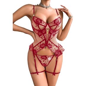 Women's Vintage 3 Piece Lingerie Set, Sexy Floral Embroidered Sheer Mesh Corset Garter Boudior Valentines Exotic in Kuwait