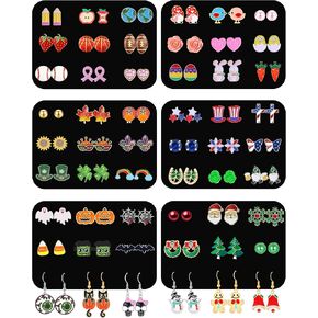 54 Pairs Hypoallergenic Holiday Earrings Set for Girls Women Halloween Christmas Fall Thanksgiving Earrings Valentine's Day St. Patrick’s Day Easter 4th of July Earring