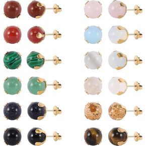 12 Pairs Multi Natural Gemstone Round Bead Ball Stud Earrings Gold Plated Stainless Steel Opal Tiger Eye Rose Quartz Onyx Stone Stud Earrings Set for Women