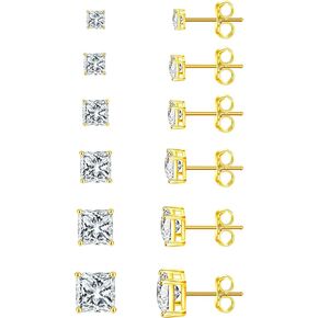 ONESING 6 Pairs 14K Gold Plated Stud Earrings for Women Men Hypoallergenic Earring Studs Set Cubic Zirconia Studs Earrings for Multiple Piercing 3-8mm