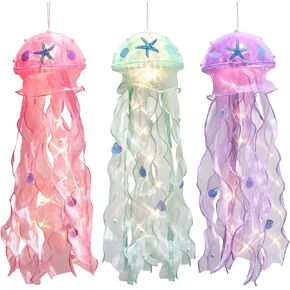 Glitter Iridescent Jellyfish Hanging Decor 3PCS Jellyfish Shell Pearl Led Lanterns Mermaid Birthday Decorations Ocean Themed Party Decor Wedding Bridal Baby Shower Party Supplies