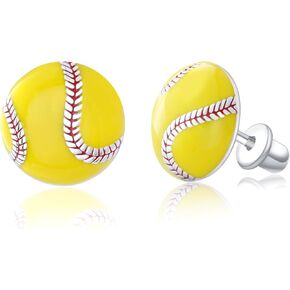 Sport Screwback Earrings for Women - 925 Sterling Silver Softball/Volleyball/Soccer/Basketball/Rugby Screw Stud Jewelry Gifts for Sport Fans Christmas Easter Thanksgiving Day (Softball Studs)