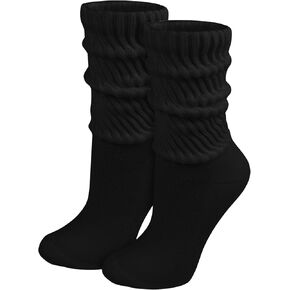 Winterlace 90% Cotton Crew Slouch Socks 2-Pairs Scrunchy Ribbed Soft Retro Womens Boot Calf Sock