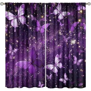 Butterfly Curtains, Purple Dream Fantasy Starlight Butterfly Pattern for Kids Girls Room Decor, Print Blackout Drapes for Living Room Bedroom Kitchen 2 Panel Set 21" W X 54" L