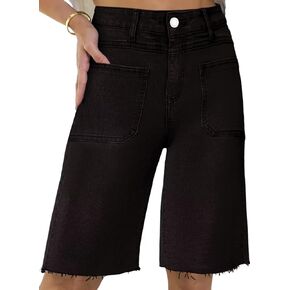 Allimy Womens Front Pockets Denim Long Shorts Jorts Cargo Baggy Bermuda Jean Shorts Knee Length