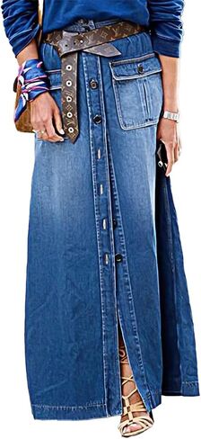 Flamingals A-Line High Rise Vintage Flap Bocket Button Down Maxi Denim Skirt بدون حزام in Saudi Arabia