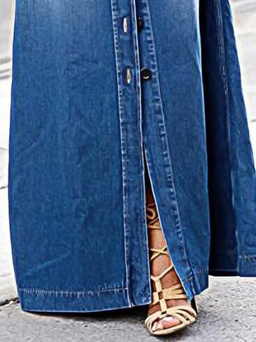 Flamingals A-Line High Rise Vintage Flap Bocket Button Down Maxi Denim Skirt بدون حزام in Saudi Arabia