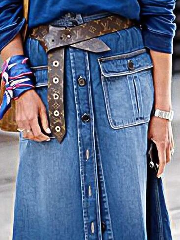 Flamingals A-Line High Rise Vintage Flap Bocket Button Down Maxi Denim Skirt بدون حزام in Saudi Arabia