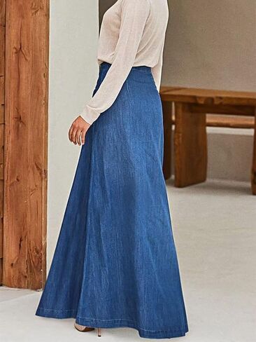 Flamingals A-Line High Rise Vintage Flap Bocket Button Down Maxi Denim Skirt بدون حزام in Saudi Arabia