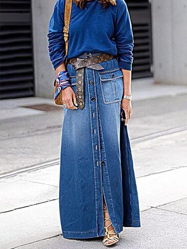 Flamingals A-Line High Rise Vintage Flap Bocket Button Down Maxi Denim Skirt بدون حزام in Saudi Arabia