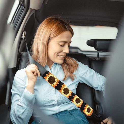 Crochet Automotive Seat Belt Cover Pad, Sunflower Car Interior for Women, Cute Seatbelt Shoulder Pads Cushions, Boho Granny Square Crochet Accessories 2 PCS (72-Sunflower) in Saudi Arabia