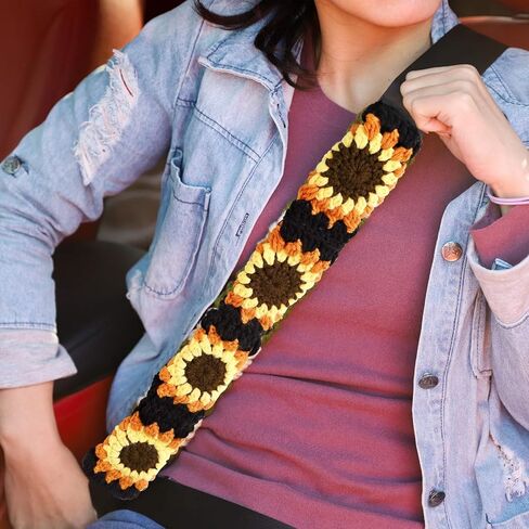 Crochet Automotive Seat Belt Cover Pad, Sunflower Car Interior for Women, Cute Seatbelt Shoulder Pads Cushions, Boho Granny Square Crochet Accessories 2 PCS (72-Sunflower) in Saudi Arabia