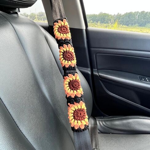 Crochet Automotive Seat Belt Cover Pad, Sunflower Car Interior for Women, Cute Seatbelt Shoulder Pads Cushions, Boho Granny Square Crochet Accessories 2 PCS (72-Sunflower) in Saudi Arabia