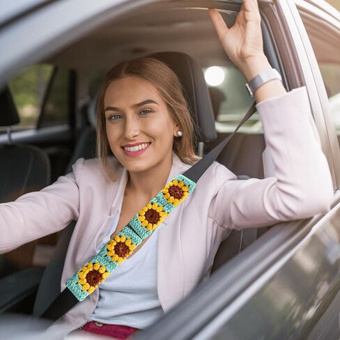 Crochet Automotive Seat Belt Cover Pad, Sunflower Car Interior for Women, Cute Seatbelt Shoulder Pads Cushions, Boho Granny Square Crochet Accessories 2 PCS (72-Sunflower) in Saudi Arabia
