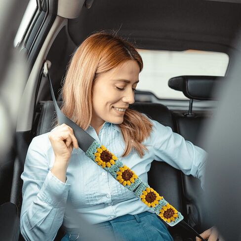 Crochet Automotive Seat Belt Cover Pad, Sunflower Car Interior for Women, Cute Seatbelt Shoulder Pads Cushions, Boho Granny Square Crochet Accessories 2 PCS (72-Sunflower) in Saudi Arabia