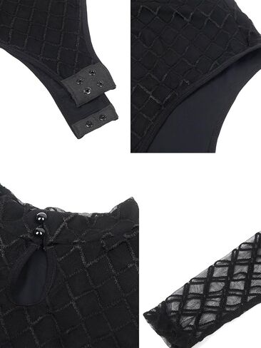 Women's Black High Neck Elegant Diamond Grid Design Mesh Long Sleeve Patchwork Bodysuit in Saudi Arabia