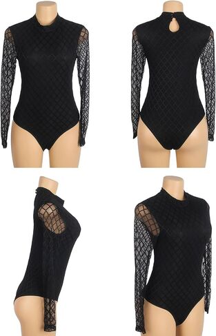 Women's Black High Neck Elegant Diamond Grid Design Mesh Long Sleeve Patchwork Bodysuit in Saudi Arabia