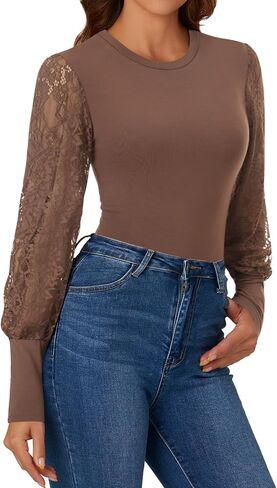 KIFOVEN Women's Bodysuit Sheer Mesh Lace Lantern Long Sleeve Slim Fit Dressy Going Out Top Jumpsuit in Saudi Arabia